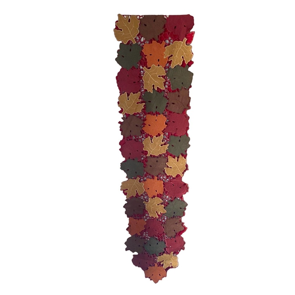 Autumn Fall Harvest Table Runner Cutwork Applique Embroidered Maple Leaves 108”